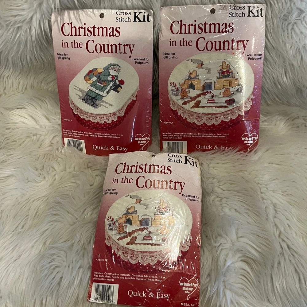 3 Vintage Christmas in the Country Cross Stitch Kits Santa Gingerbread House 6in